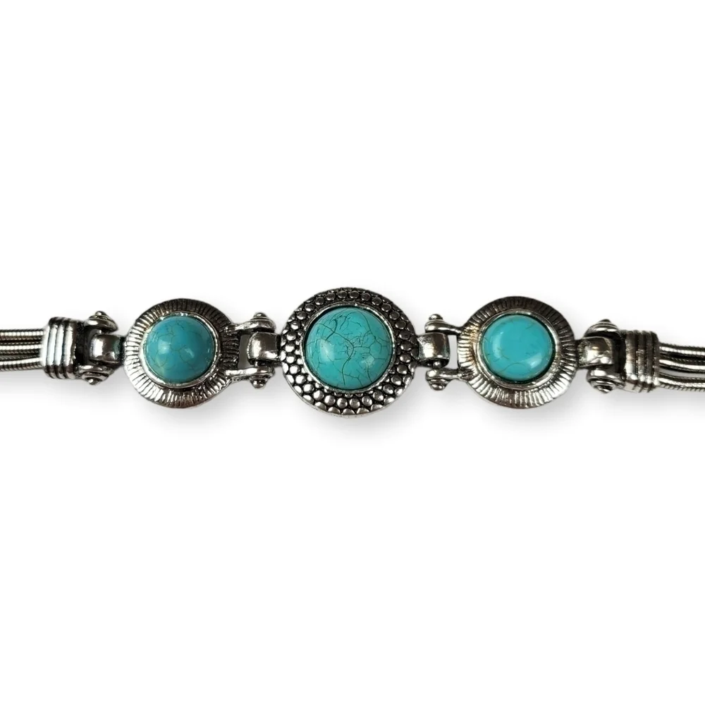 Faux Turquoise Cabochon Bracelet Snake Chain Antiqued Silver Tone Western 7